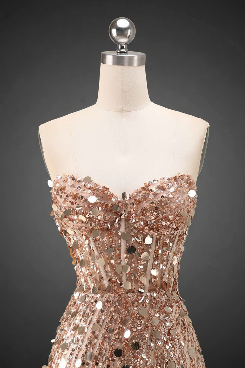 Sparkly Gold Fully Beaded Prom Dress With Deep V Neck Slit And Open Back
