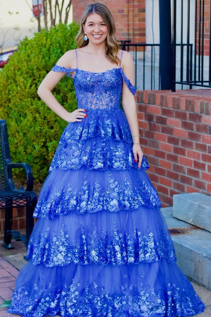 Vestido de fiesta largo con volantes, hombros descubiertos y lentejuelas de tul