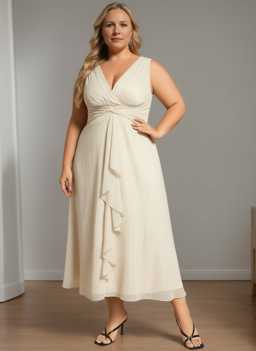 Pure Color Tea Length Mother Of The Bride Dress With Vneck And Aline Silhouette