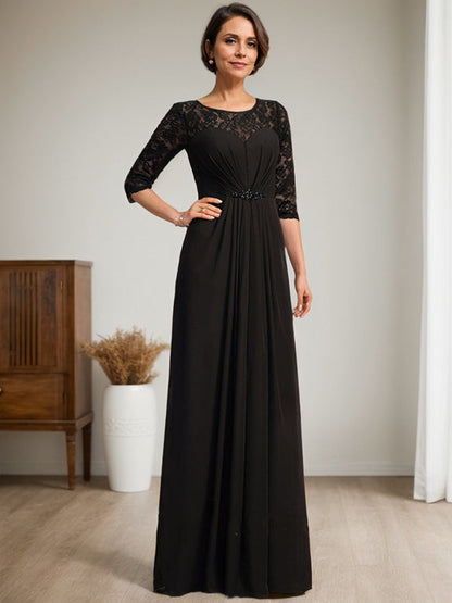 A-Linie U-Ausschnitt Illusion Bodenlang Spitzen Chiffon Mutter der Braut Kleid mit Perlenbesatz Rüschen 