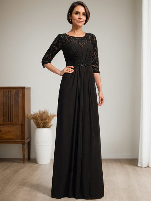 Abito da madre della sposa in pizzo e chiffon con scollatura a U, linea a trapezio, lunghezza fino al pavimento, con perline e balze