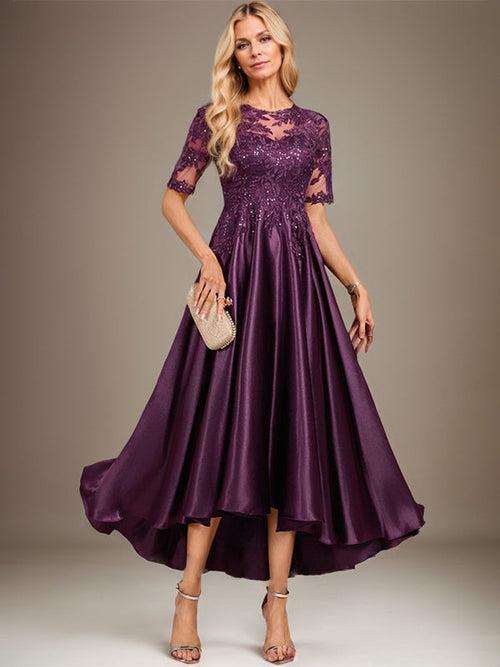 Abito da madre della sposa in pizzo satinato elasticizzato con scollatura a U, linea a trapezio, effetto illusione asimmetrico e paillettes