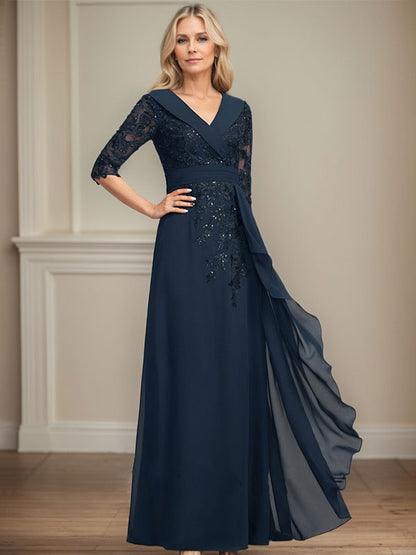 Vestido de madre de la novia de gasa con encaje, escote en V, corte A y largo hasta el suelo, con lentejuelas y volantes en cascada 