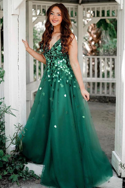 Vestido de fiesta largo con lentejuelas, escote en V y corte A en verde