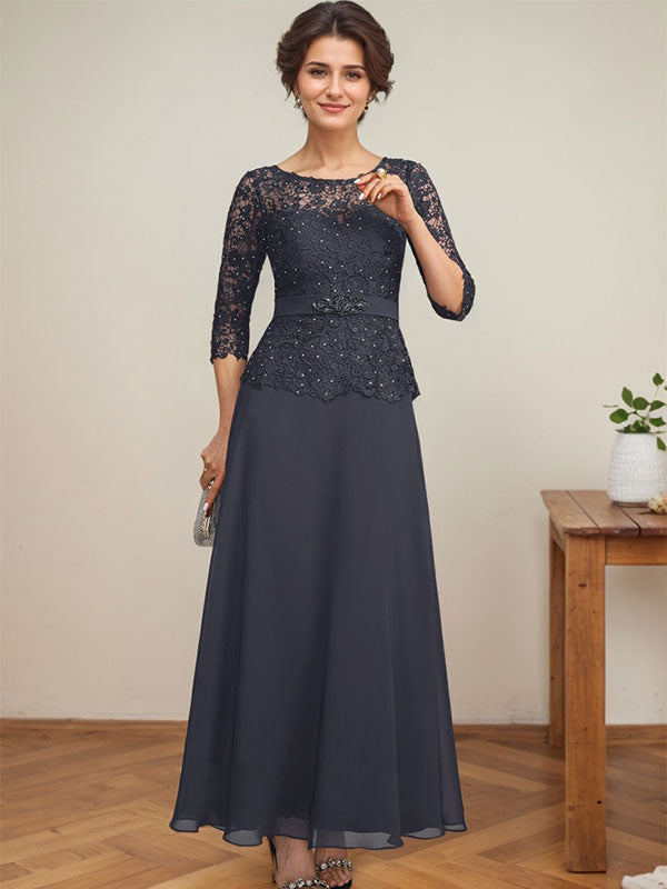 Robe de mère de la mariée en dentelle en mousseline, longueur cheville, coupe trapèze, décolleté illusion en forme de goutte, ornée de perles en strass