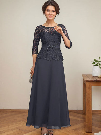 A-Linie, U-Ausschnitt, Illusion, knöchellang, Chiffon, Spitze, Kleid für die Brautmutter mit Strass-Perlen 