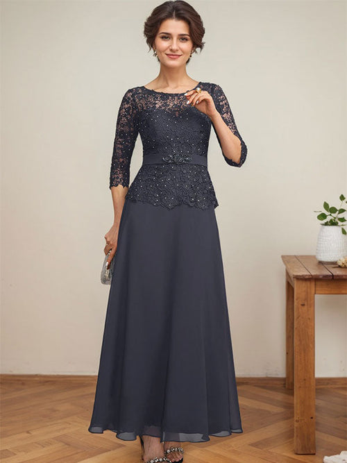 Abito da madre della sposa in chiffon e pizzo, linea a trapezio, scollatura a U, lunghezza alla caviglia, con perline di strass