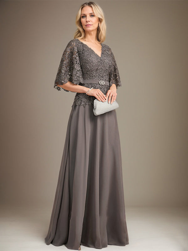 A-Linie V-Ausschnitt Bodenlang Chiffon Spitze Mutter der Braut Kleid Mit Kristall Brosche Strass 
