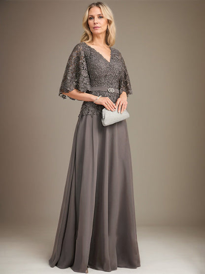A-Linie V-Ausschnitt Bodenlang Chiffon Spitze Mutter der Braut Kleid Mit Kristall Brosche Strass 