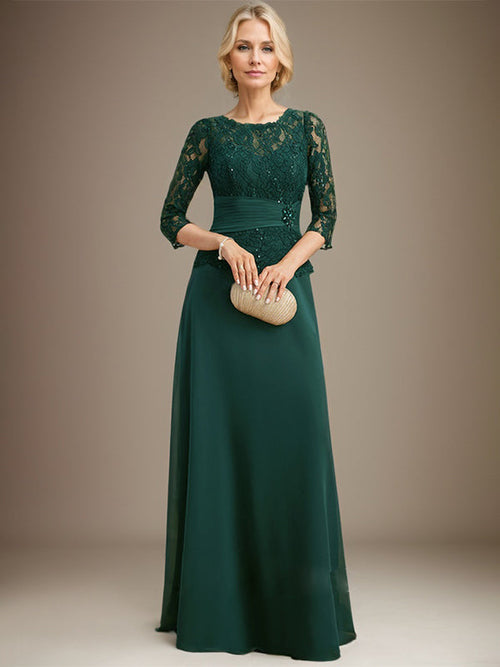 Abito da madre della sposa in chiffon e pizzo, linea a trapezio, scollatura a U, lunghezza fino al pavimento, con perline di paillettes plissettate
