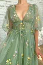 Vestidos Curtos de Baile com Decote em V Verde, Mangas Curtas, Comprimento ao Tornozelo, Tule Floral