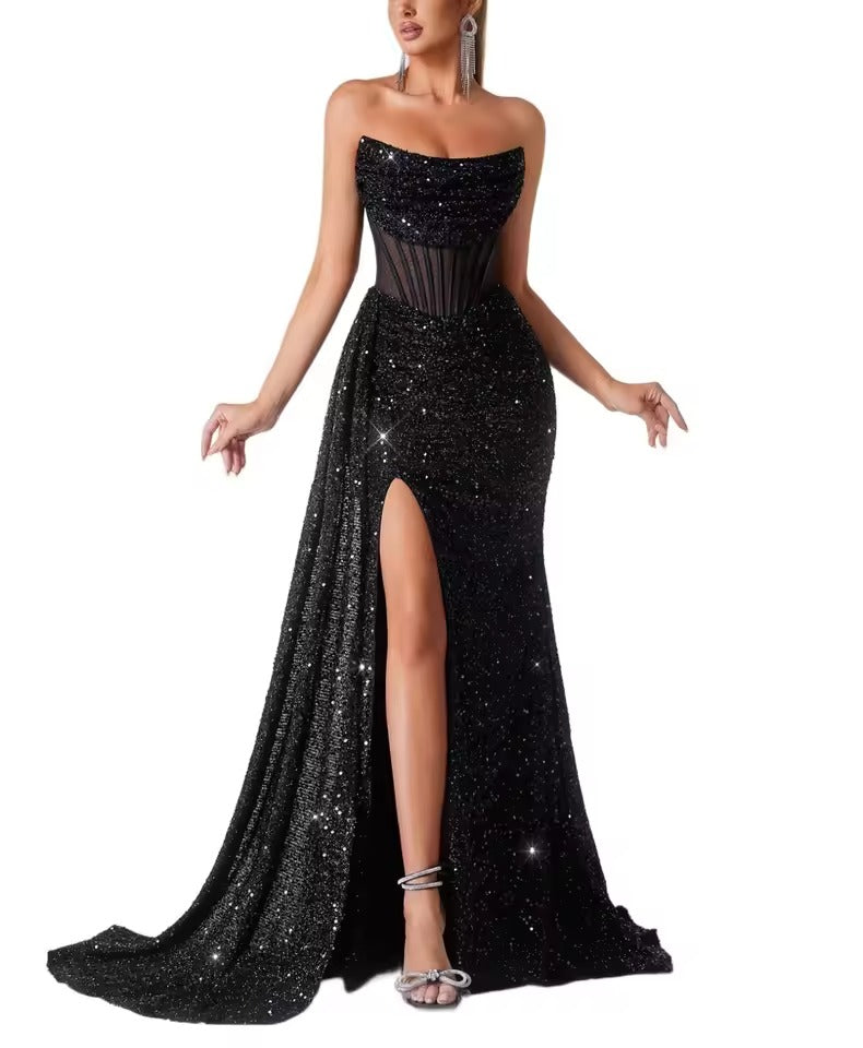 Vestido de Noite de Sereia com Lantejoulas Sem Alças | Vestido de Baile com Corpete Franzido e Fenda