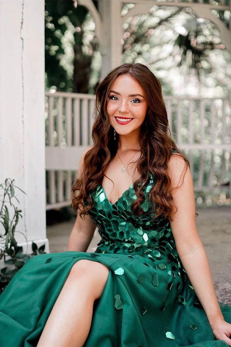 Vestido de fiesta largo con lentejuelas, escote en V y corte A en verde
