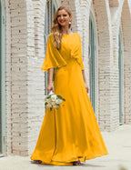 Abito da Damigella Donna Manica Lunga Scollatura a V Chiffon Abito da Cerimonia Matrimonio Festa 28018