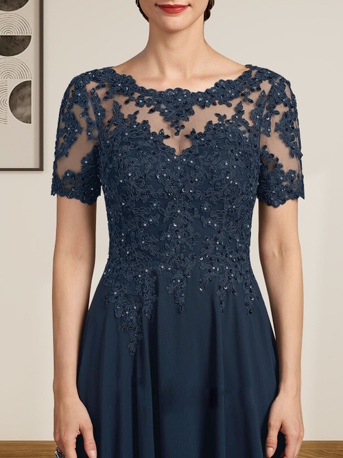 Abito da madre della sposa in chiffon e pizzo con scollatura a U, linea a trapezio, lunghezza fino al pavimento, decorato con perline e paillettes
