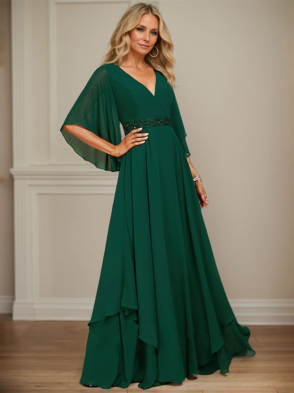 A-Linie V-Ausschnitt Bodenlang Chiffon Kleid für die Brautmutter mit Pailletten Applikationen Spitze Perlen 