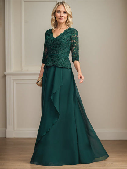 Vestido de madre de la novia de gasa con encaje, escote en V, largo hasta el suelo, con volantes en cascada y lentejuelas 