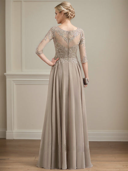A-Linie, U-Ausschnitt, Illusion, bodenlanges Spitzen-Chiffon-Kleid für die Brautmutter mit Pailletten 