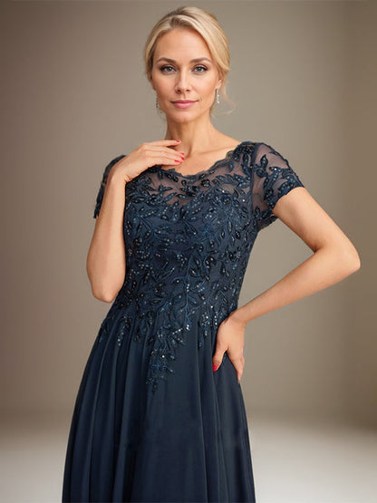 Vestido de gasa para madre de la novia, corte A, largo hasta el suelo, con apliques y lentejuelas 