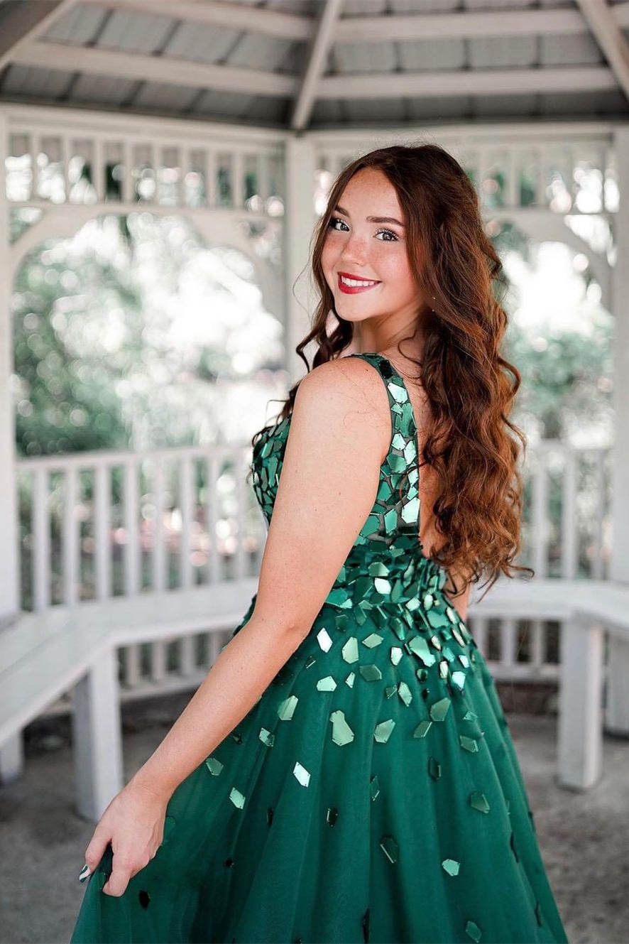 Vestido de fiesta largo con lentejuelas, escote en V y corte A en verde