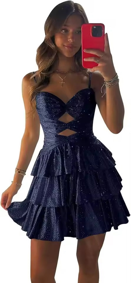 Vestido Curto Brilhante Sem Alças com Recortes | Vestido de Volantes em Camadas para Baile de Regresso a Casa