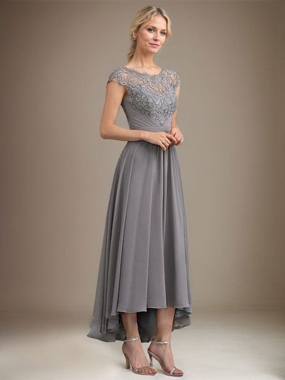 A-Linie U-Ausschnitt Illusion Asymmetrische Spitze Chiffon Mutter der Braut Kleid Mit Plissee 