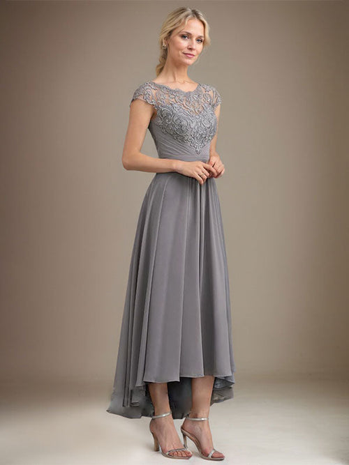 Abito da madre della sposa in chiffon di pizzo asimmetrico con scollatura a U e gonna a linea ad A con pieghe