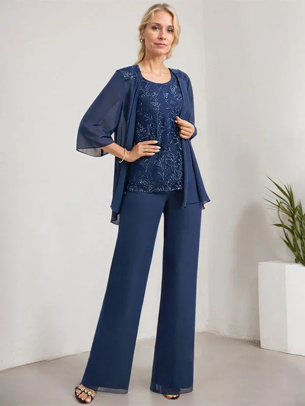 Mono/Pantalón Separado con Escote Redondo, Largo hasta el Suelo, de Encaje y Gasa, Vestido de Madre de la Novia con Lentejuelas