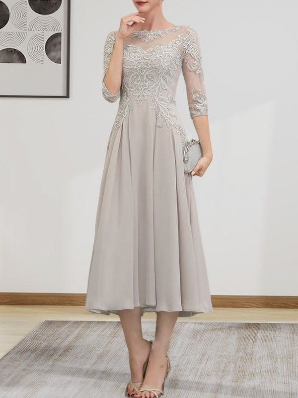 A-Linie, U-Ausschnitt, Illusion, knielang, Chiffon, Spitze, Kleid für die Brautmutter mit Perlen und Pailletten