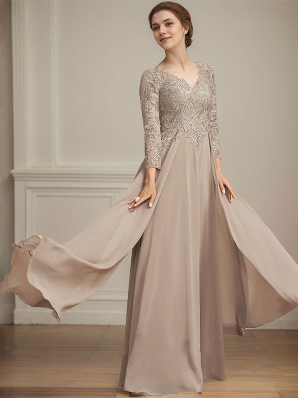 Robe de mère de la mariée en mousseline de soie à dentelle, longueur au sol, en ligne A, col en V, ornée de paillettes