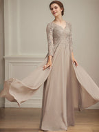 Robe de mère de la mariée en mousseline de soie à dentelle, longueur au sol, en ligne A, col en V, ornée de paillettes