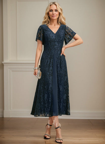 A-Linie V-Ausschnitt Wadenlanges Chiffon-Kleid für die Brautmutter 