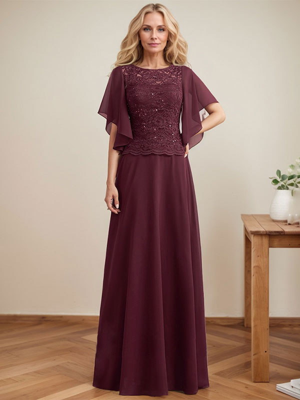 A-Linie, U-Ausschnitt, Illusion, bodenlanges Spitzen-Chiffon-Kleid für die Brautmutter mit Pailletten 