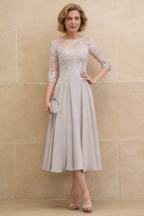 Elegant Silver Gray Lace Chiffon Tea-Length Mother of the Bride Dress with 3/4 Sleeves by tangjianjun