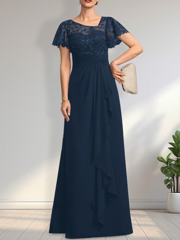 Abito da madre della sposa in pizzo e chiffon con gonna lunga a terra, linea a trapezio asimmetrica, effetto illusione, con balze a cascata e paillettes