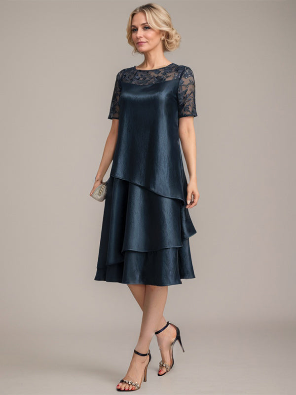 A-Linie, U-Ausschnitt, knielanges Kleid für die Brautmutter mit Applikationen und Pailletten 