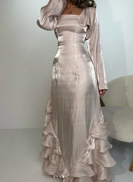 Abiti da ballo vintage con balze plissettate, abito da sera lungo fino a terra Y4595