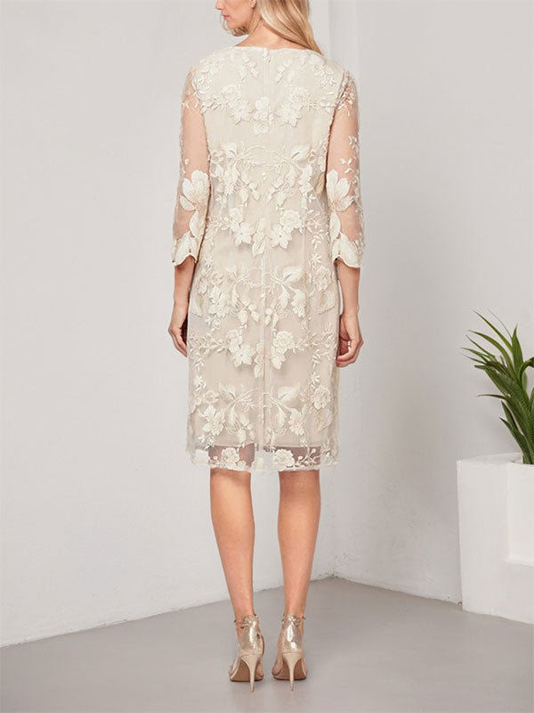 A-Linie U-Ausschnitt Knielang Chiffon Spitze Kleid für die Brautmutter mit Jacke 