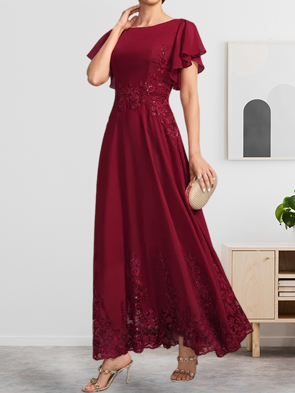 Robe de mère de la mariée en mousseline de soie à dentelle, longueur cheville, en forme trapèze avec décolleté arrondi et paillettes