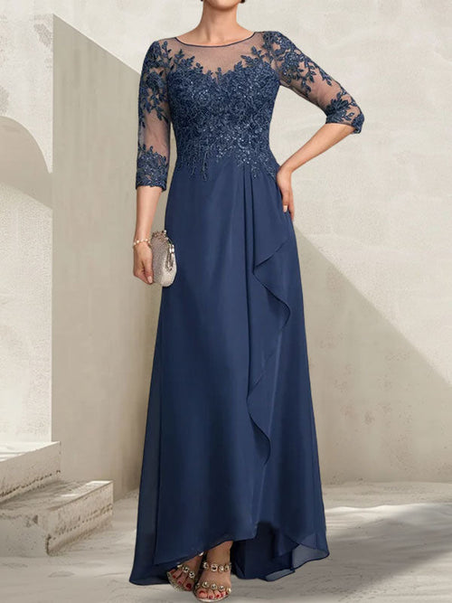 Abito da madre della sposa in chiffon di pizzo asimmetrico con scollatura a U a linea ad A, con paillettes e balze a cascata