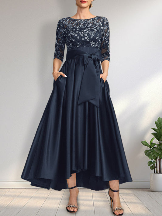 Vestido de madre de la novia de encaje satinado asimétrico con ilusión de corte A y lazo