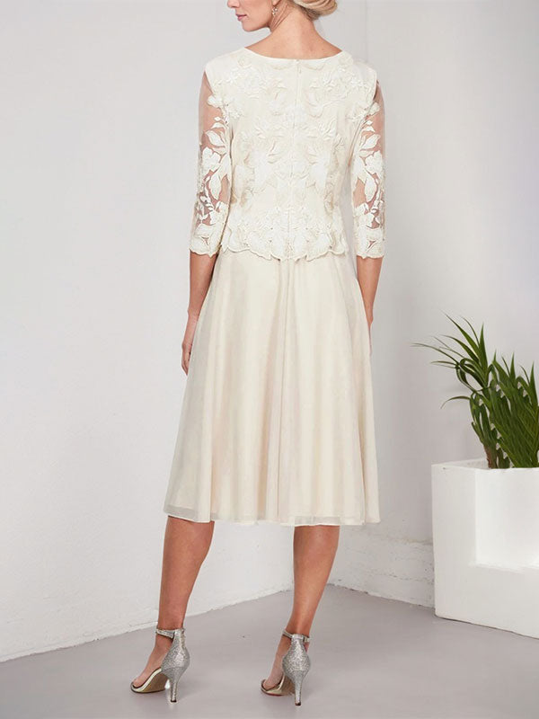 A-Linie U-Ausschnitt Wadenlang Spitzen Chiffon Mutter der Braut Kleid mit Stickerei 