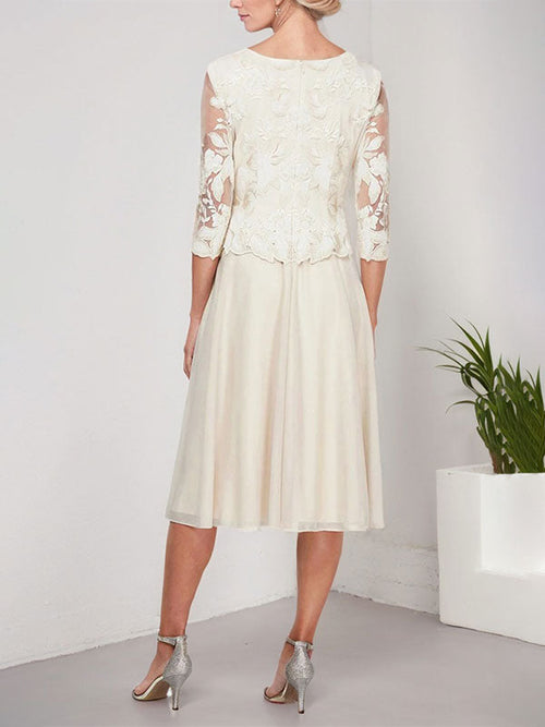 Abito da madre della sposa in chiffon di pizzo, linea a trapezio, scollatura a U, lunghezza tè, con ricami