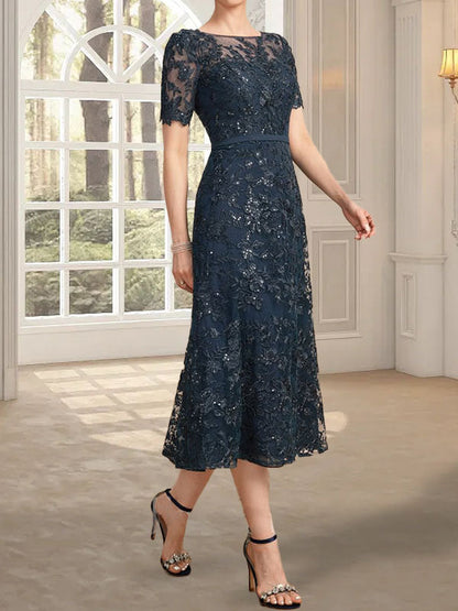 A-Linie, U-Ausschnitt, Illusion, knielang, Spitze, Kleid für die Brautmutter mit Pailletten