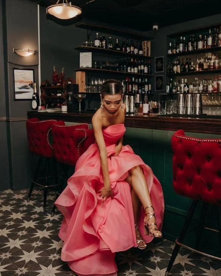 Light Pink A Line Strapless Organza Prom Dress