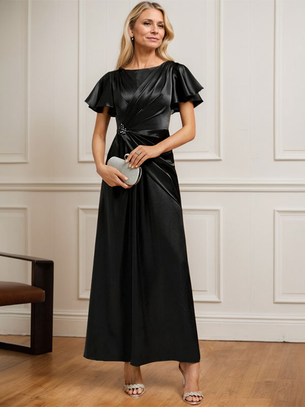 Robe de mère de la mariée en satin extensible, longueur cheville, en ligne A, décolleté arrondi, ornée de perles plissées