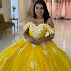 Abito da ballo giallo per Quinceañera con spalle scoperte, allacciatura posteriore, strascico a spazzola, applicazioni e perline Y656