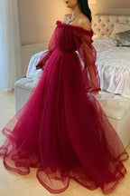 Abito da sera in tulle bordeaux con maniche lunghe Y503