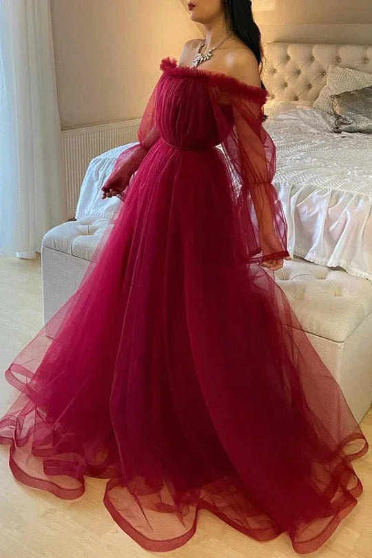 Abito da sera in tulle bordeaux con maniche lunghe Y503