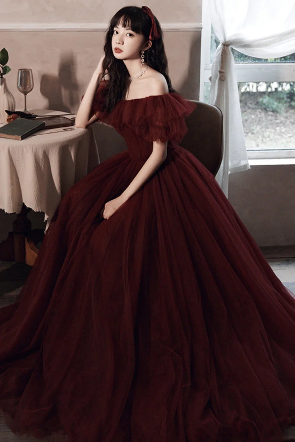 Robe de bal bordeaux à épaules dénudées en tulle, coupe ligne, robe de soirée Y8351